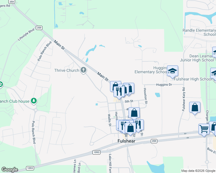 map of restaurants, bars, coffee shops, grocery stores, and more near 7926 Farm to Market 359 in Fulshear