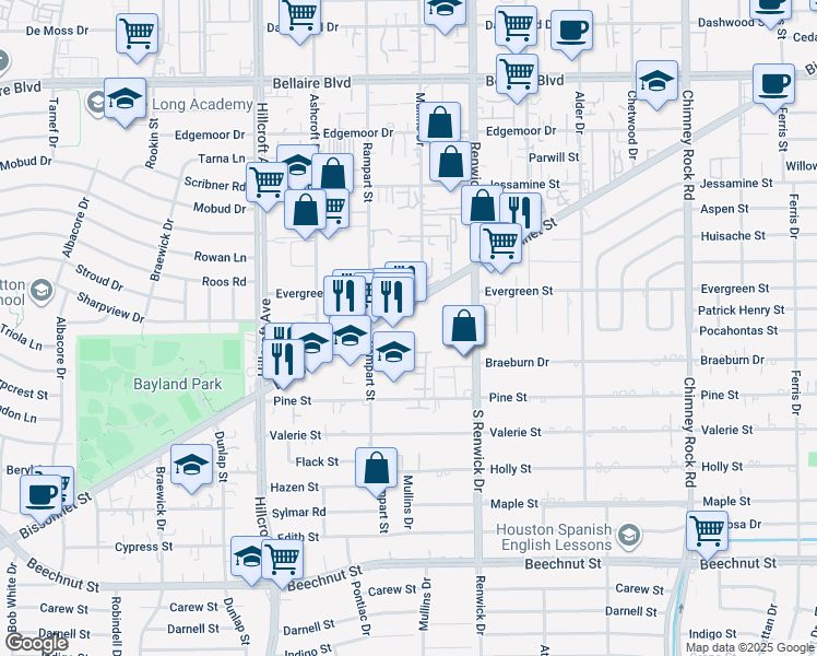 map of restaurants, bars, coffee shops, grocery stores, and more near 6025 Bissonnet Street in Houston