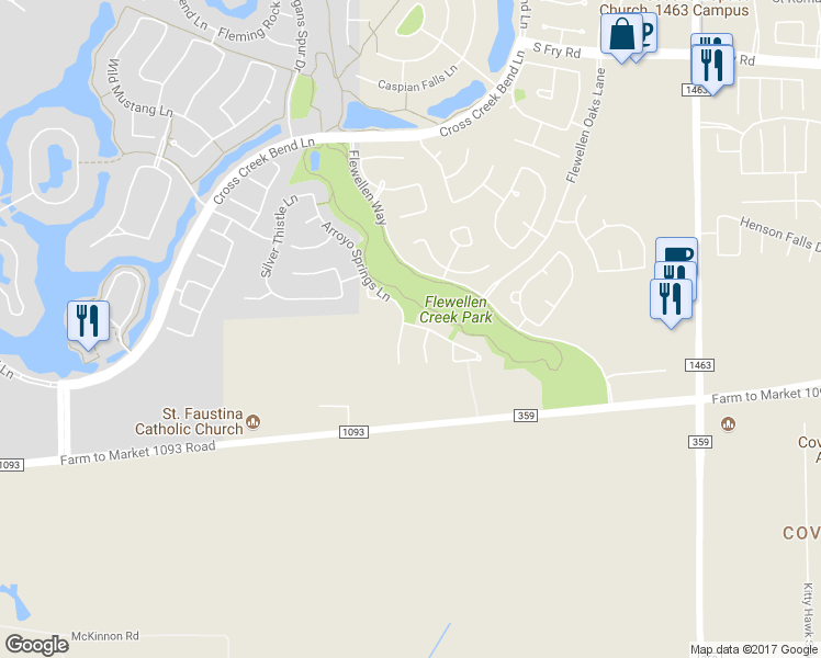 map of restaurants, bars, coffee shops, grocery stores, and more near 6507 Arroyo Springs Lane in Fulshear