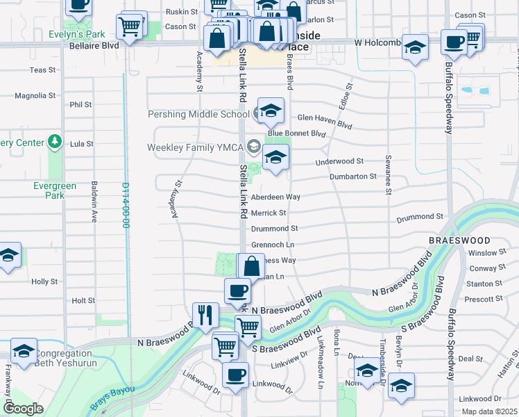 map of restaurants, bars, coffee shops, grocery stores, and more near 3834 Merrick Street in Houston