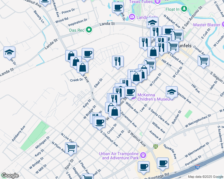 map of restaurants, bars, coffee shops, grocery stores, and more near 893 West Bridge Street in New Braunfels