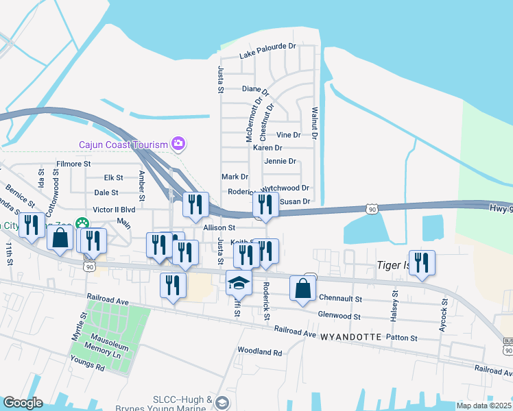 map of restaurants, bars, coffee shops, grocery stores, and more near 1-11 Village Drive in Morgan City