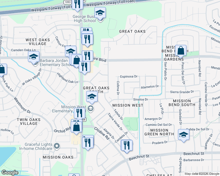 map of restaurants, bars, coffee shops, grocery stores, and more near 7243 Chickory Woods Lane in Houston