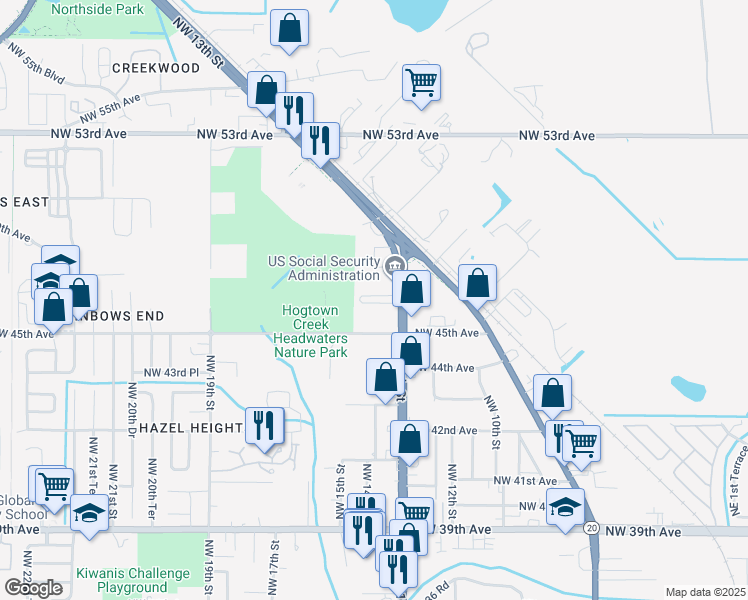 map of restaurants, bars, coffee shops, grocery stores, and more near 4546 Northwest 13th Street in Gainesville