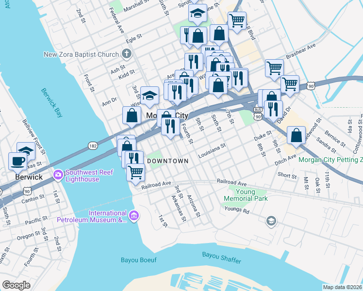 map of restaurants, bars, coffee shops, grocery stores, and more near 601-699 Federal Ave in Morgan City
