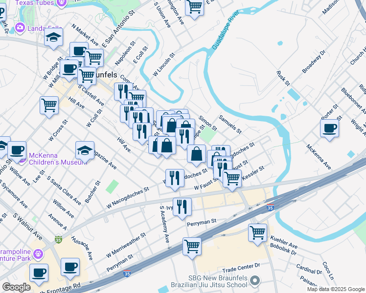 map of restaurants, bars, coffee shops, grocery stores, and more near in New Braunfels