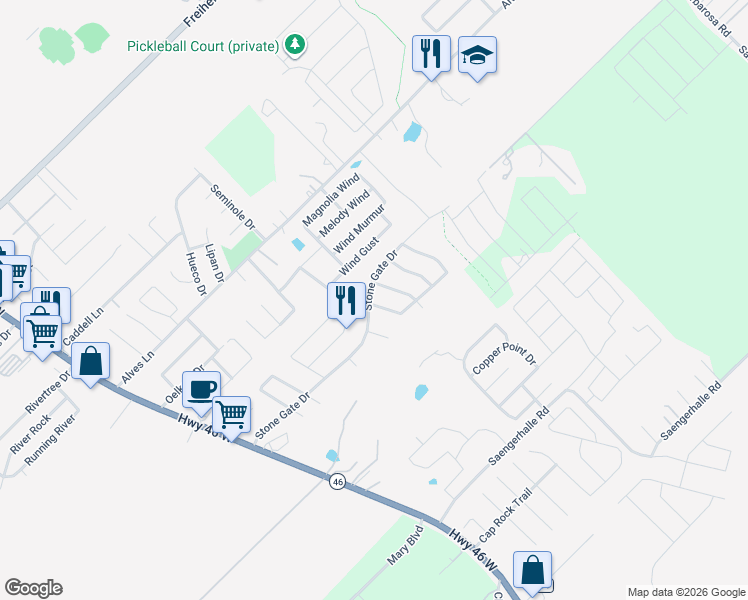 map of restaurants, bars, coffee shops, grocery stores, and more near 1109 Stone Branch in New Braunfels