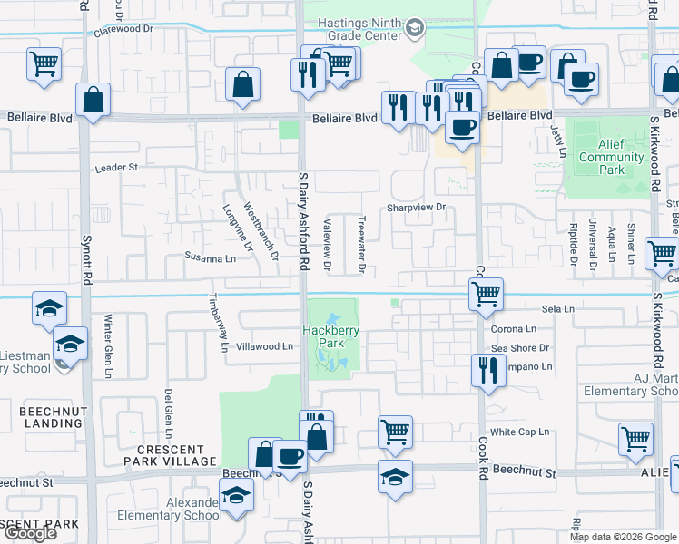 map of restaurants, bars, coffee shops, grocery stores, and more near 7314 Autumn Grove Drive in Houston