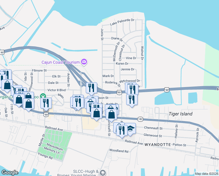 map of restaurants, bars, coffee shops, grocery stores, and more near Drive Martin Luther King Junior Boulevard in Morgan City