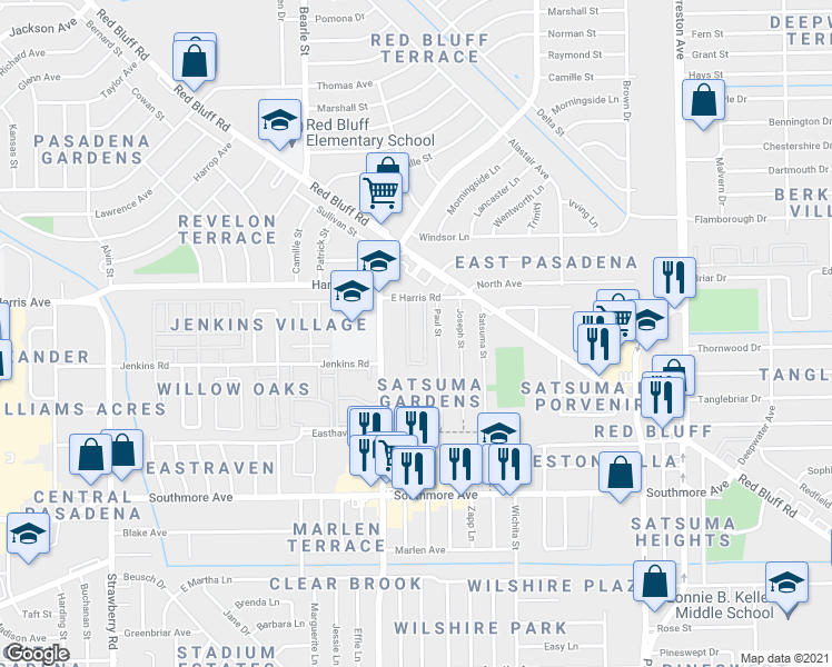 map of restaurants, bars, coffee shops, grocery stores, and more near 916 Paul Street in Pasadena