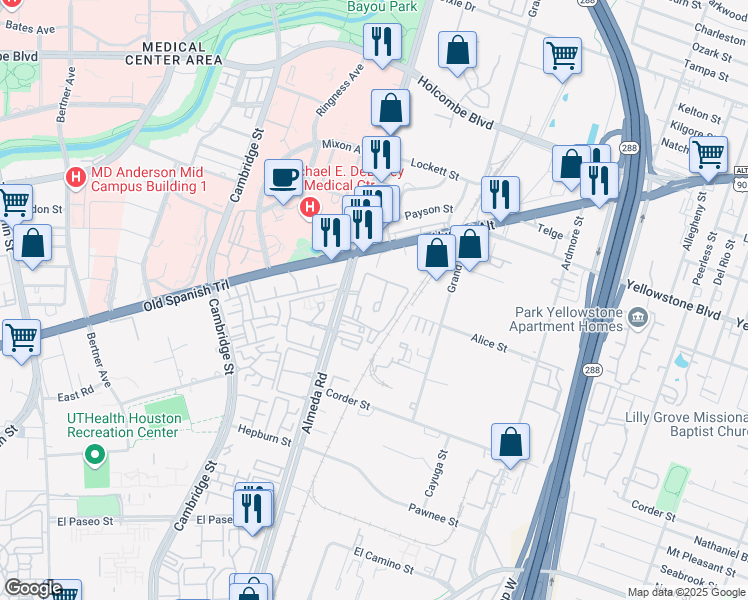 map of restaurants, bars, coffee shops, grocery stores, and more near 7009 Almeda Road in Houston