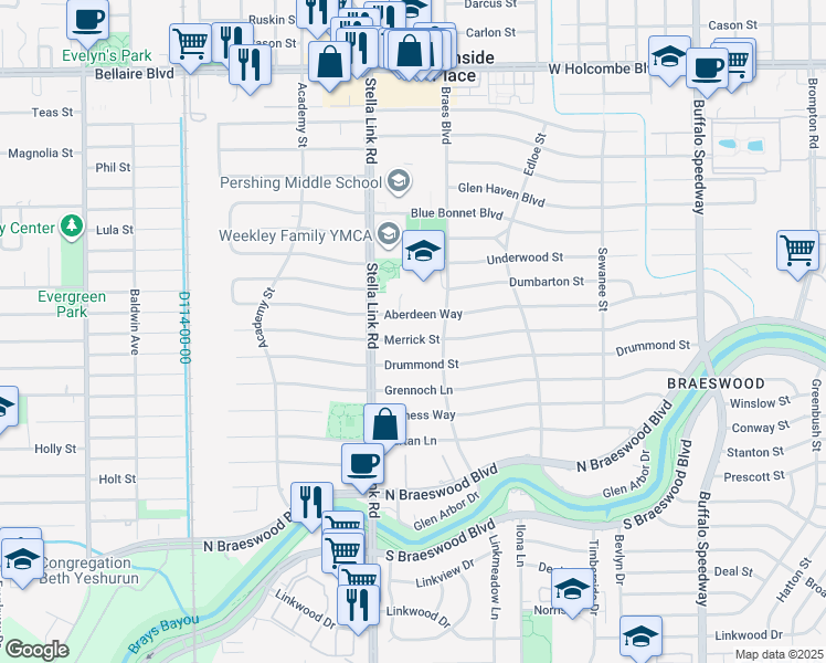 map of restaurants, bars, coffee shops, grocery stores, and more near 3834 Merrick Street in Houston