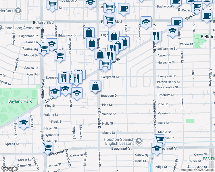 map of restaurants, bars, coffee shops, grocery stores, and more near 813 Woodstock Street in Bellaire