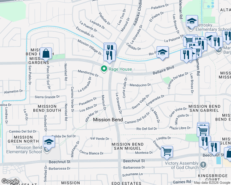 map of restaurants, bars, coffee shops, grocery stores, and more near 7206 La Granada Drive in Houston