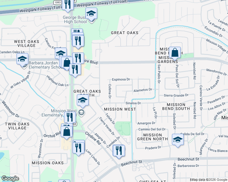 map of restaurants, bars, coffee shops, grocery stores, and more near 7222 Arista Drive in Houston
