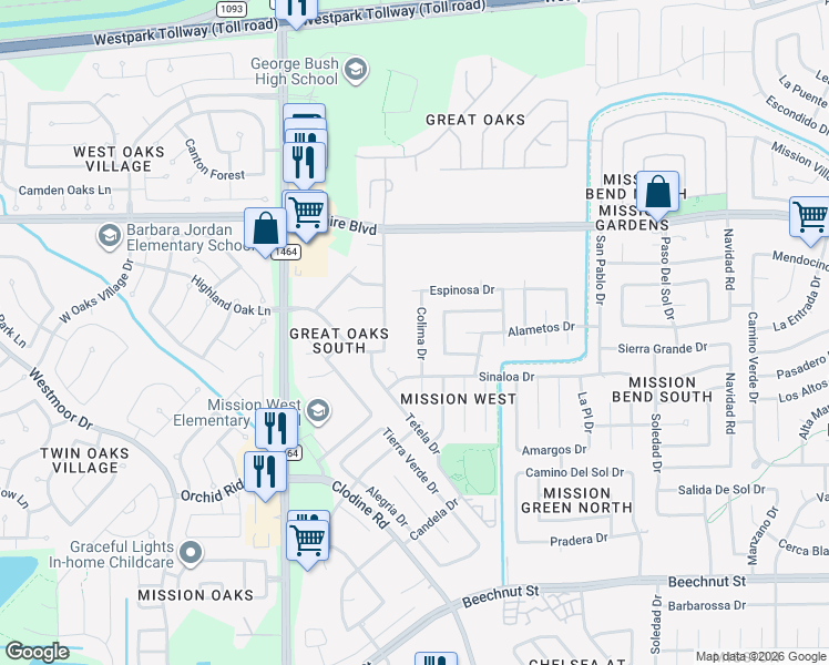 map of restaurants, bars, coffee shops, grocery stores, and more near 7247 Chickory Woods Lane in Houston
