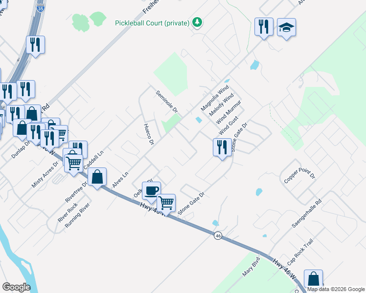map of restaurants, bars, coffee shops, grocery stores, and more near 1039 Lilac Wind in New Braunfels