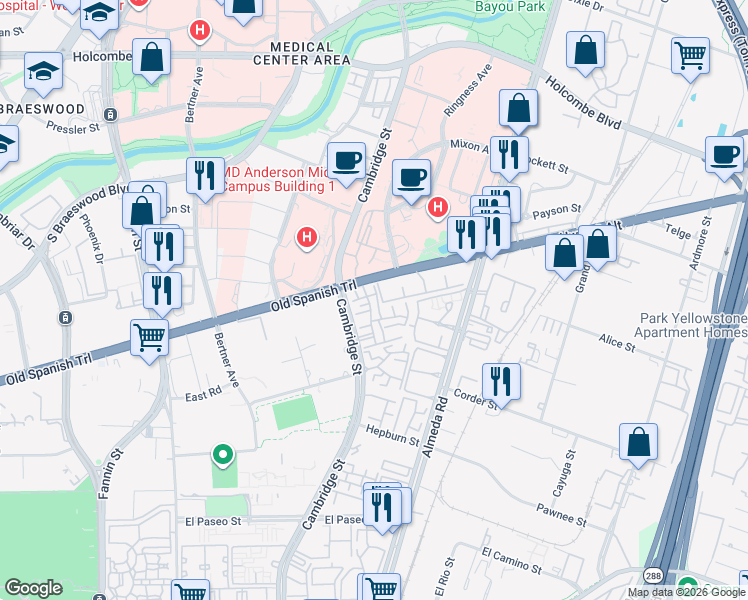 map of restaurants, bars, coffee shops, grocery stores, and more near 7447 Cambridge Street in Houston
