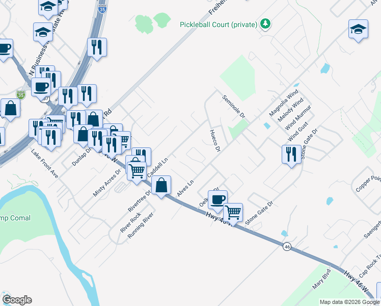 map of restaurants, bars, coffee shops, grocery stores, and more near 1016 Brown Rock Drive in New Braunfels