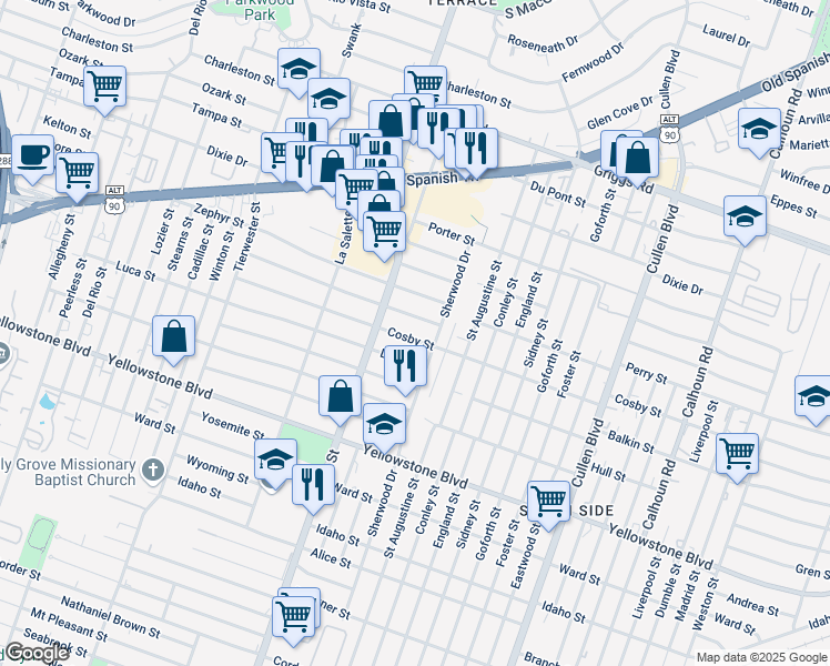 map of restaurants, bars, coffee shops, grocery stores, and more near 6330 Sherwood Drive in Houston