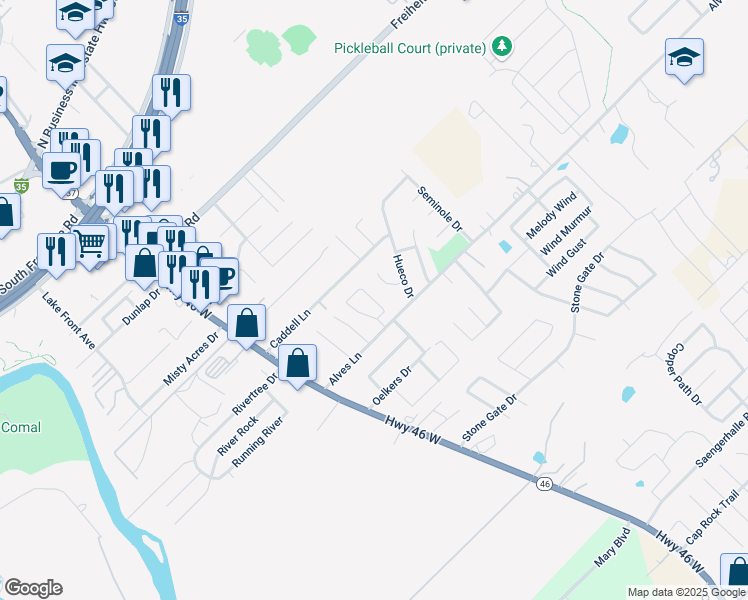 map of restaurants, bars, coffee shops, grocery stores, and more near 1136 Brown Rock Drive in New Braunfels