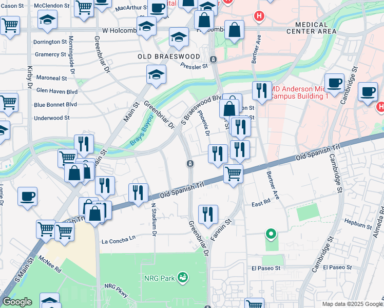 map of restaurants, bars, coffee shops, grocery stores, and more near 7781 Greenbriar Drive in Houston