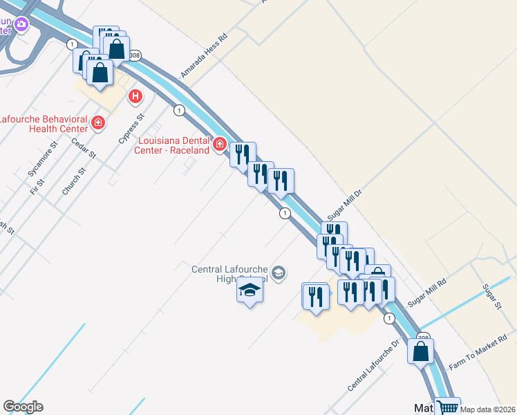 map of restaurants, bars, coffee shops, grocery stores, and more near 345-525 Saint Anthony Street in Raceland