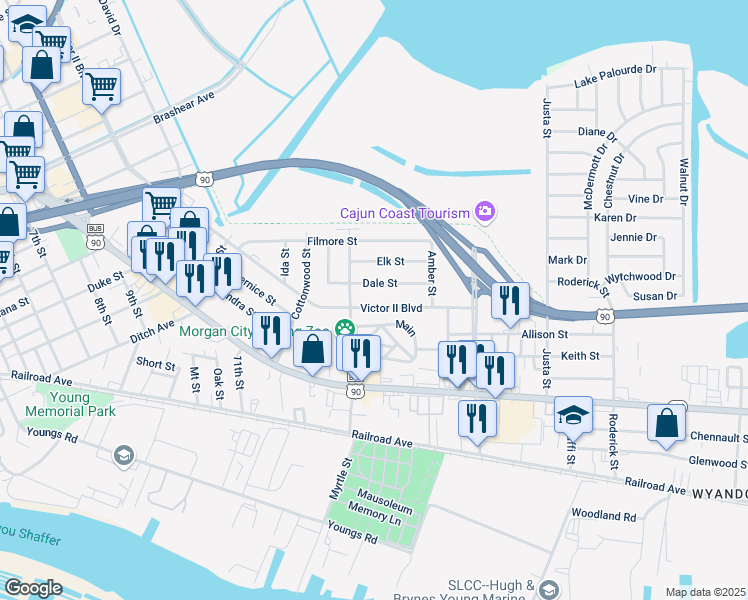 map of restaurants, bars, coffee shops, grocery stores, and more near 1721 Victor II Boulevard in Morgan City