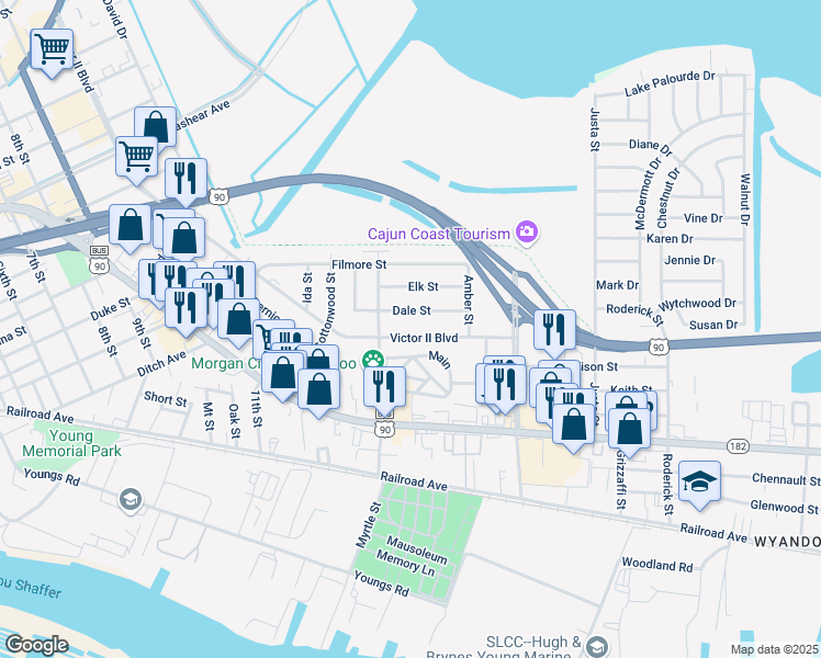 map of restaurants, bars, coffee shops, grocery stores, and more near 1721 Victor II Boulevard in Morgan City