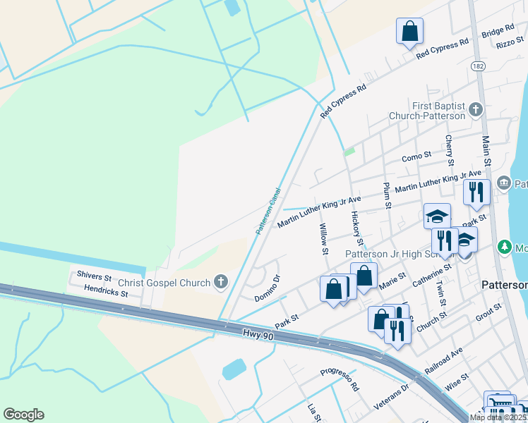 map of restaurants, bars, coffee shops, grocery stores, and more near 113 Shady Grove Drive in Patterson