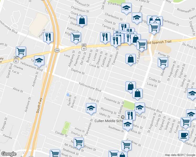 map of restaurants, bars, coffee shops, grocery stores, and more near Cadillac Street in Houston