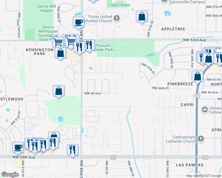 map of restaurants, bars, coffee shops, grocery stores, and more near 4619 Northwest 40 Street in Gainesville