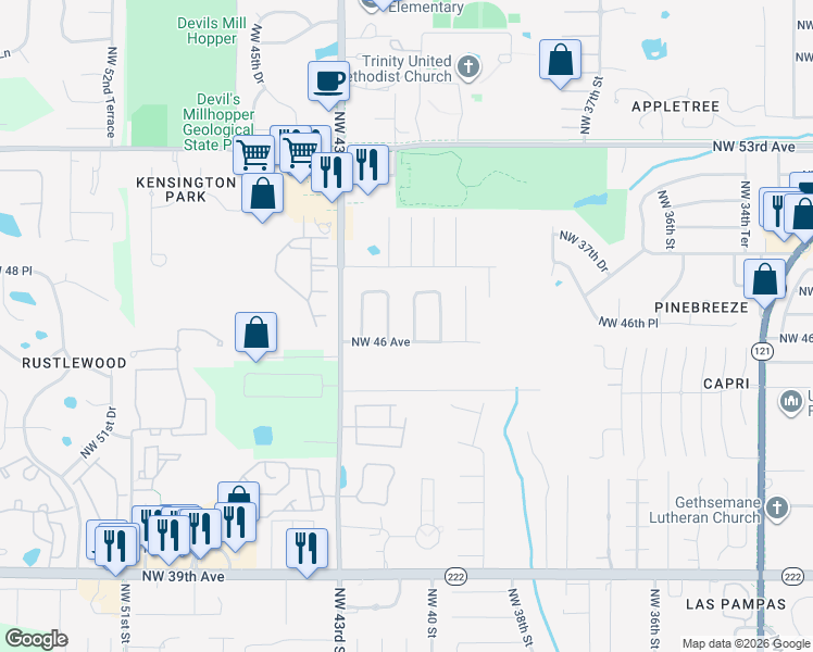 map of restaurants, bars, coffee shops, grocery stores, and more near 4618 Northwest 40th Terrace in Gainesville