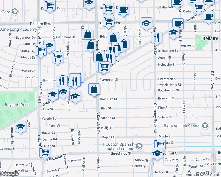 map of restaurants, bars, coffee shops, grocery stores, and more near 813 Woodstock Street in Bellaire