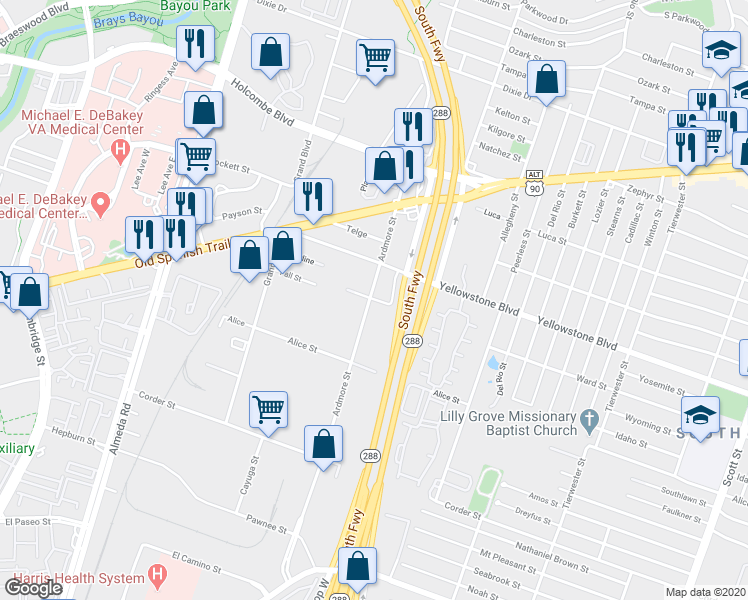 map of restaurants, bars, coffee shops, grocery stores, and more near 3214 Yellowstone Park Drive in Houston