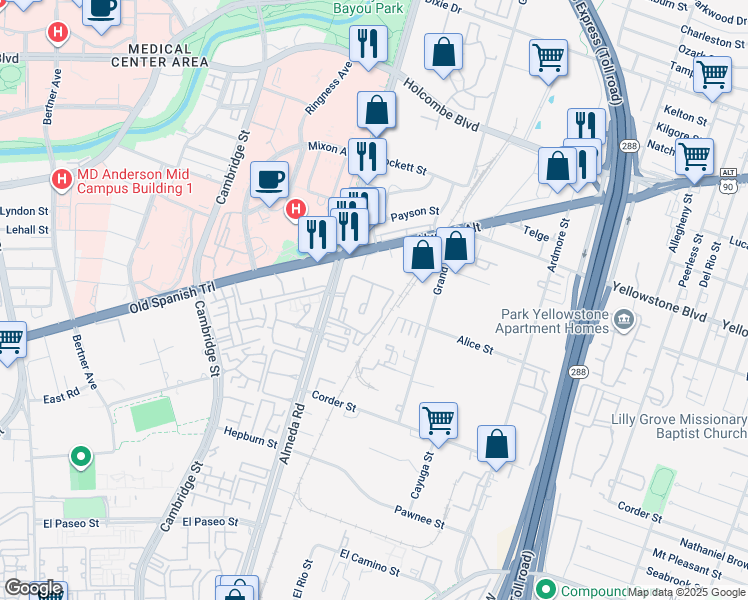 map of restaurants, bars, coffee shops, grocery stores, and more near 7009 Almeda Road in Houston