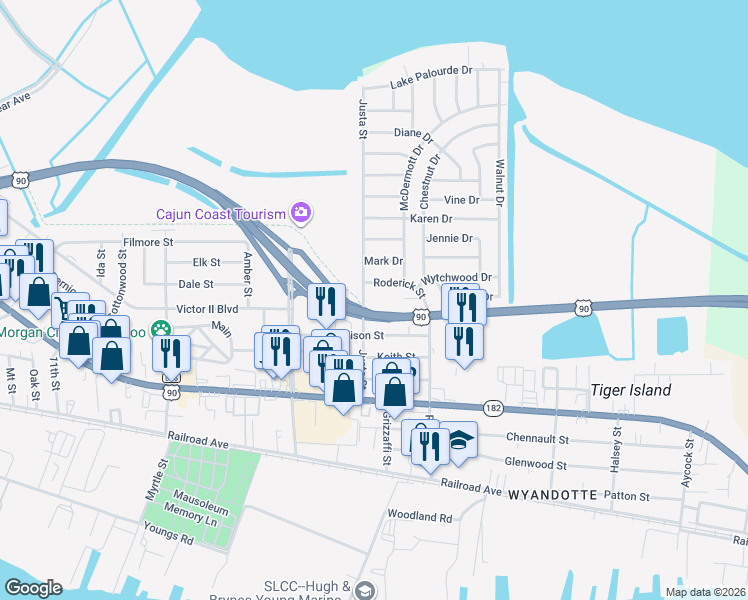 map of restaurants, bars, coffee shops, grocery stores, and more near Drive Martin Luther King Junior Boulevard in Morgan City