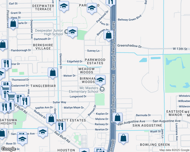 map of restaurants, bars, coffee shops, grocery stores, and more near 909 Birnham Woods Boulevard in Pasadena