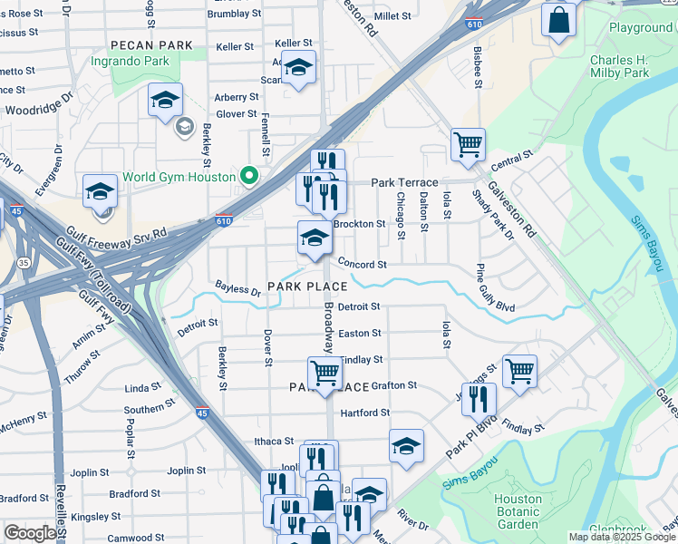 map of restaurants, bars, coffee shops, grocery stores, and more near 3003 Broadway Street in Houston