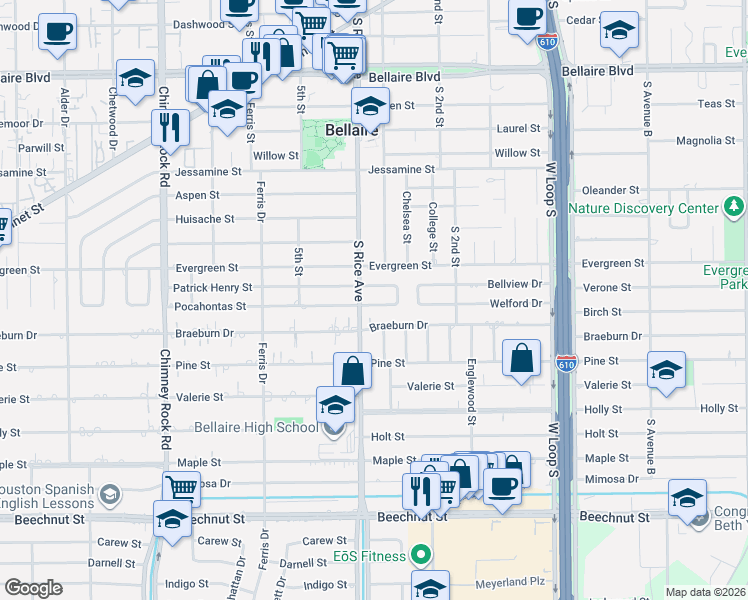 map of restaurants, bars, coffee shops, grocery stores, and more near 103 Whipple Drive in Bellaire
