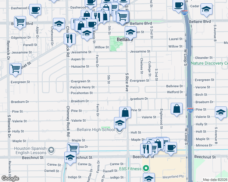 map of restaurants, bars, coffee shops, grocery stores, and more near 5107 Pocahontas Street in Bellaire