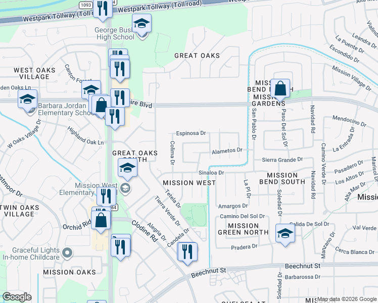 map of restaurants, bars, coffee shops, grocery stores, and more near 7222 Arista Drive in Houston