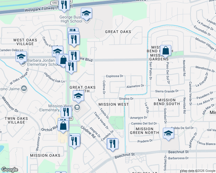 map of restaurants, bars, coffee shops, grocery stores, and more near 7222 Arista Drive in Houston