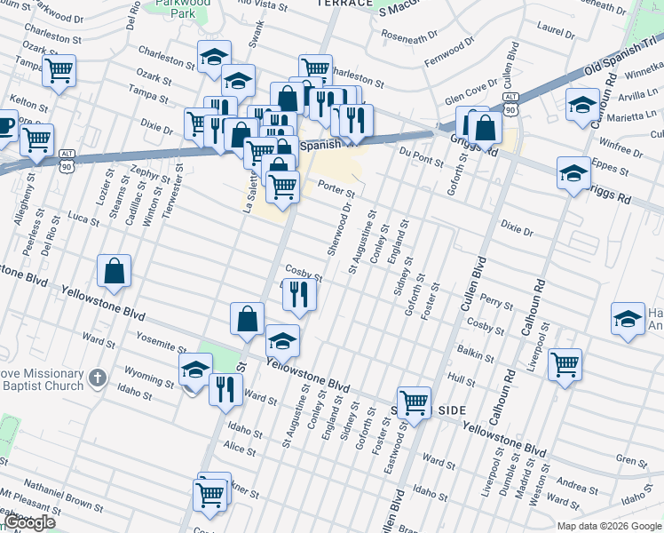 map of restaurants, bars, coffee shops, grocery stores, and more near 6330 Sherwood Drive in Houston
