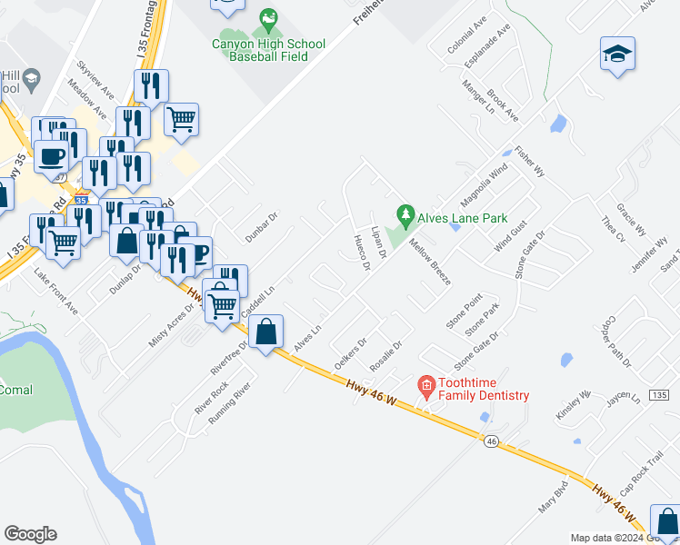 map of restaurants, bars, coffee shops, grocery stores, and more near 1137 Brown Rock Drive in New Braunfels