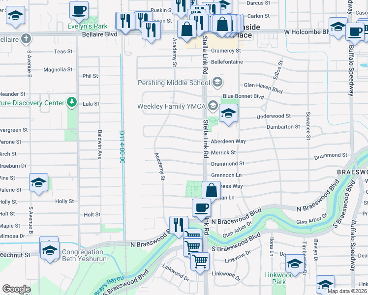 map of restaurants, bars, coffee shops, grocery stores, and more near 4034 Merrick Street in Houston