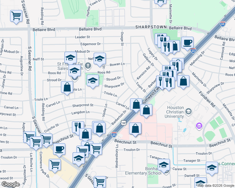 map of restaurants, bars, coffee shops, grocery stores, and more near 8006 Triola Lane in Houston