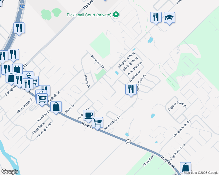 map of restaurants, bars, coffee shops, grocery stores, and more near 1039 Lilac Wind in New Braunfels