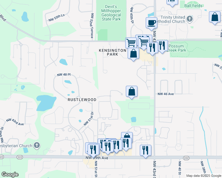 map of restaurants, bars, coffee shops, grocery stores, and more near 4867 Northwest 46th Place in Gainesville