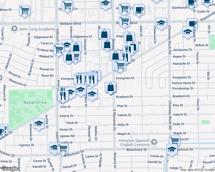 map of restaurants, bars, coffee shops, grocery stores, and more near 5929 Bissonnet Street in Houston